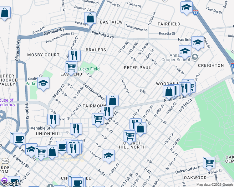 map of restaurants, bars, coffee shops, grocery stores, and more near 2320 T Street in Richmond