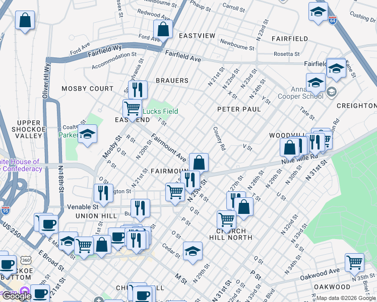 map of restaurants, bars, coffee shops, grocery stores, and more near 1308 North 23rd Street in Richmond