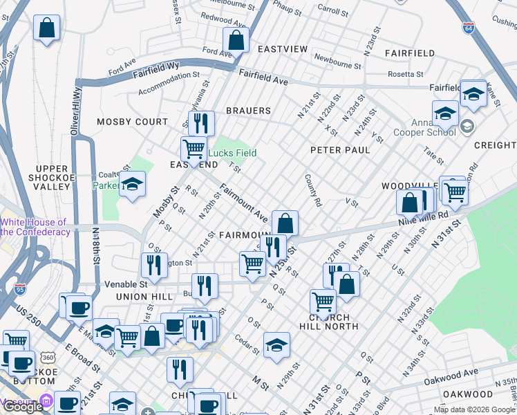 map of restaurants, bars, coffee shops, grocery stores, and more near in Richmond