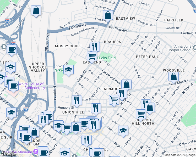 map of restaurants, bars, coffee shops, grocery stores, and more near 1110 North 20th Street in Richmond