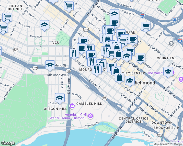 map of restaurants, bars, coffee shops, grocery stores, and more near 7 East Cary Street in Richmond