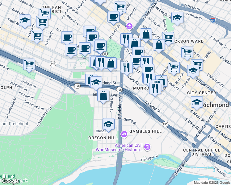 map of restaurants, bars, coffee shops, grocery stores, and more near 600 Idlewood Avenue in Richmond