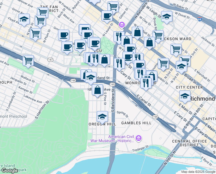 map of restaurants, bars, coffee shops, grocery stores, and more near 600 Idlewood Avenue in Richmond