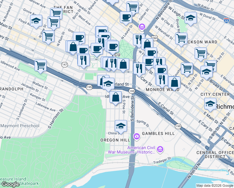 map of restaurants, bars, coffee shops, grocery stores, and more near 700 Idlewood Avenue in Richmond