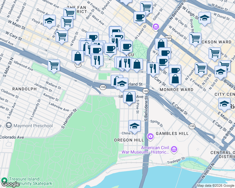 map of restaurants, bars, coffee shops, grocery stores, and more near 227 South Cherry Street in Richmond