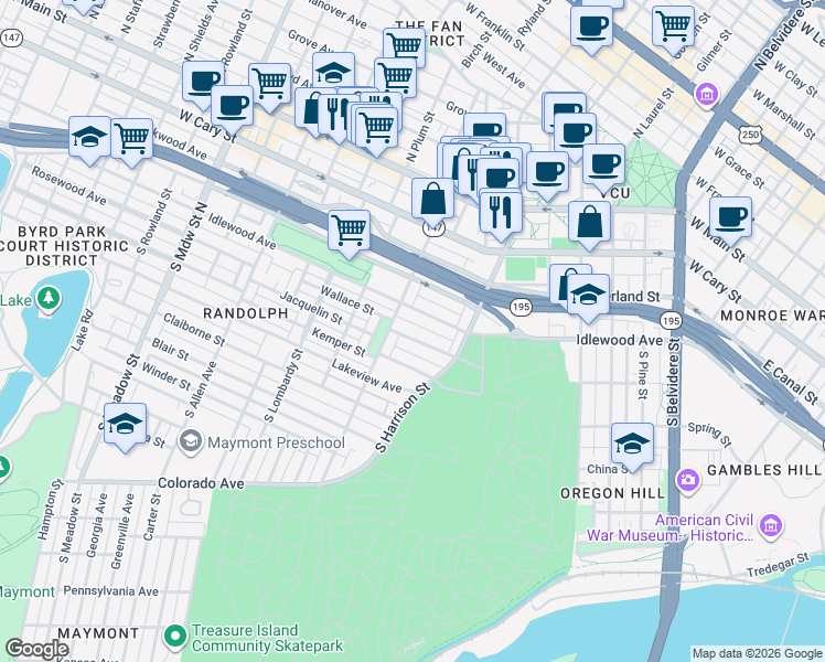 map of restaurants, bars, coffee shops, grocery stores, and more near 501 South Randolph Street in Richmond