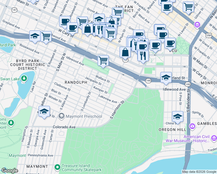 map of restaurants, bars, coffee shops, grocery stores, and more near 1413 Jacquelin Street in Richmond