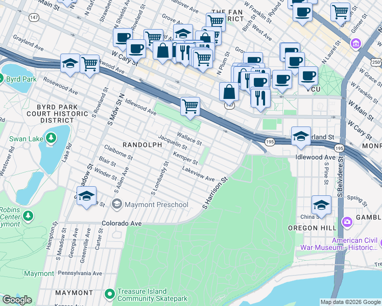 map of restaurants, bars, coffee shops, grocery stores, and more near 1413 Jacquelin Street in Richmond