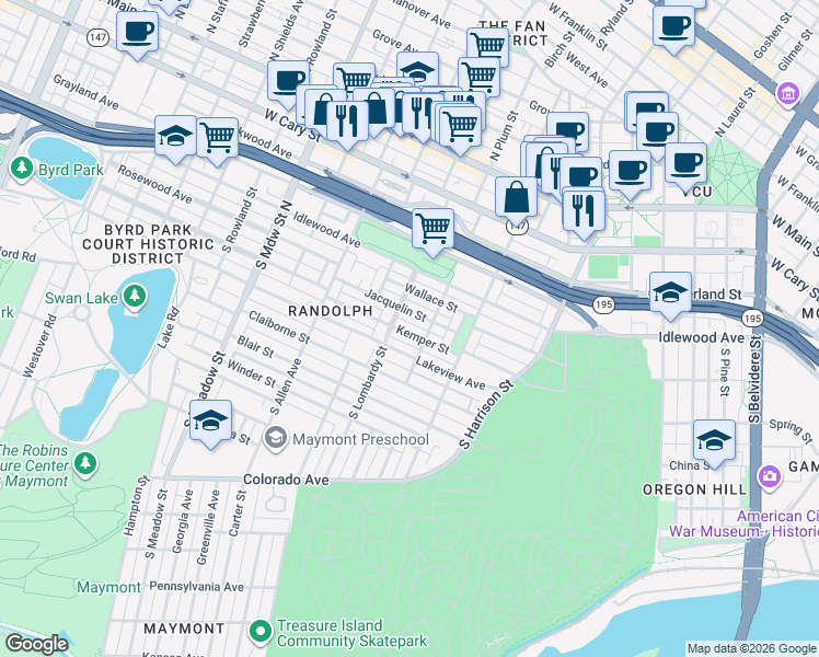map of restaurants, bars, coffee shops, grocery stores, and more near 1513 Kemper Street in Richmond