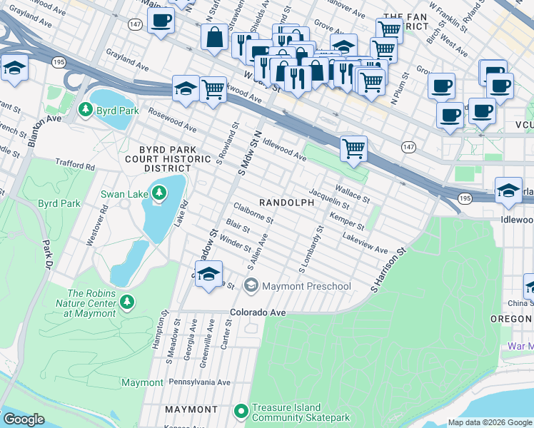 map of restaurants, bars, coffee shops, grocery stores, and more near 1816 Claiborne Street in Richmond