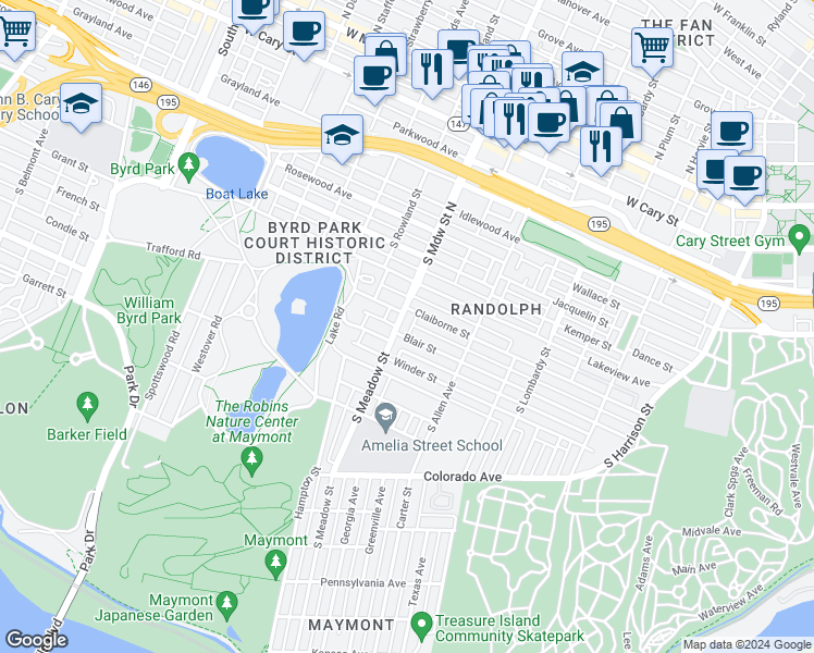 map of restaurants, bars, coffee shops, grocery stores, and more near 1922 Blair Street in Richmond