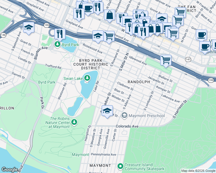 map of restaurants, bars, coffee shops, grocery stores, and more near 2000 Walker Street in Richmond