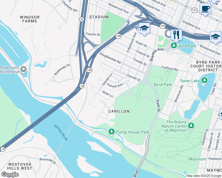 map of restaurants, bars, coffee shops, grocery stores, and more near 3111 Sunset Avenue in Richmond