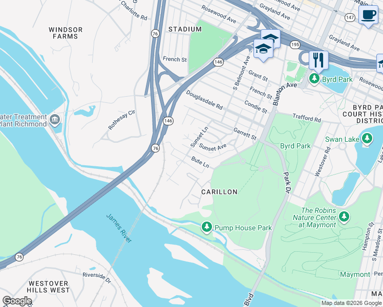 map of restaurants, bars, coffee shops, grocery stores, and more near 3124 Bute Lane in Richmond