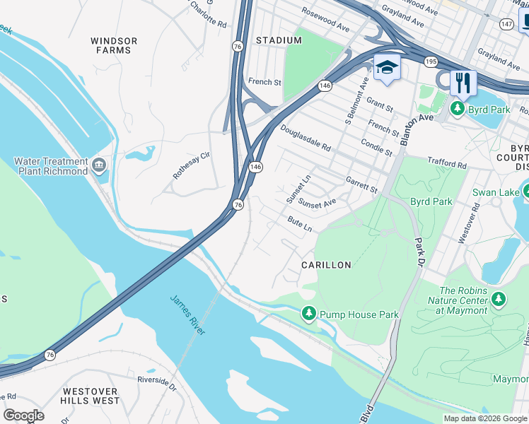 map of restaurants, bars, coffee shops, grocery stores, and more near 3209 Bute Lane in Richmond