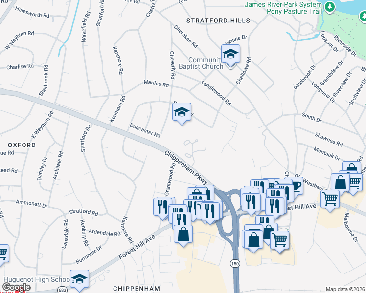 map of restaurants, bars, coffee shops, grocery stores, and more near 7561 Beauchamp Court in Richmond