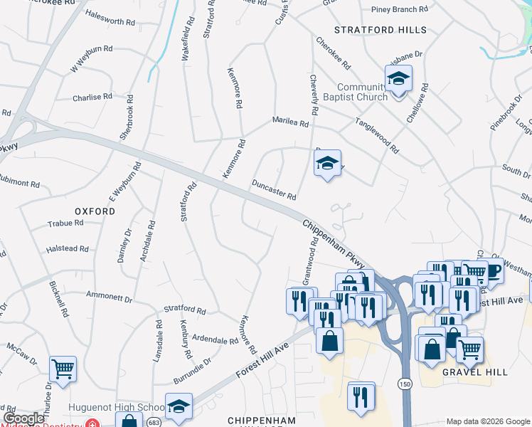 map of restaurants, bars, coffee shops, grocery stores, and more near 7757 Chippenham Parkway in Richmond