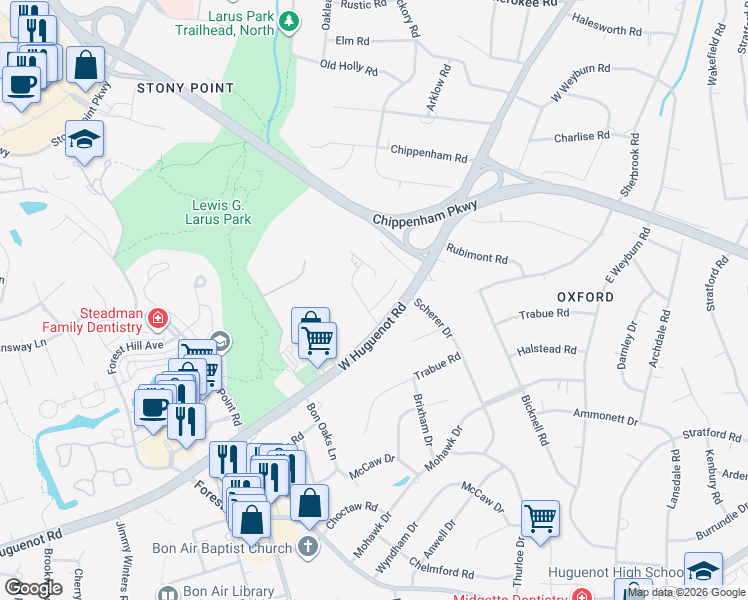 map of restaurants, bars, coffee shops, grocery stores, and more near 8641 Devara Court in Richmond