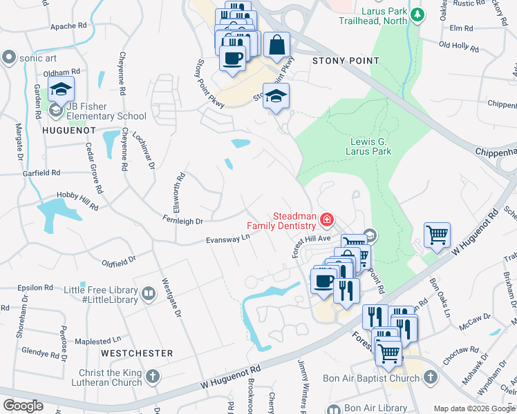 map of restaurants, bars, coffee shops, grocery stores, and more near 9420 Evansway Lane in Richmond