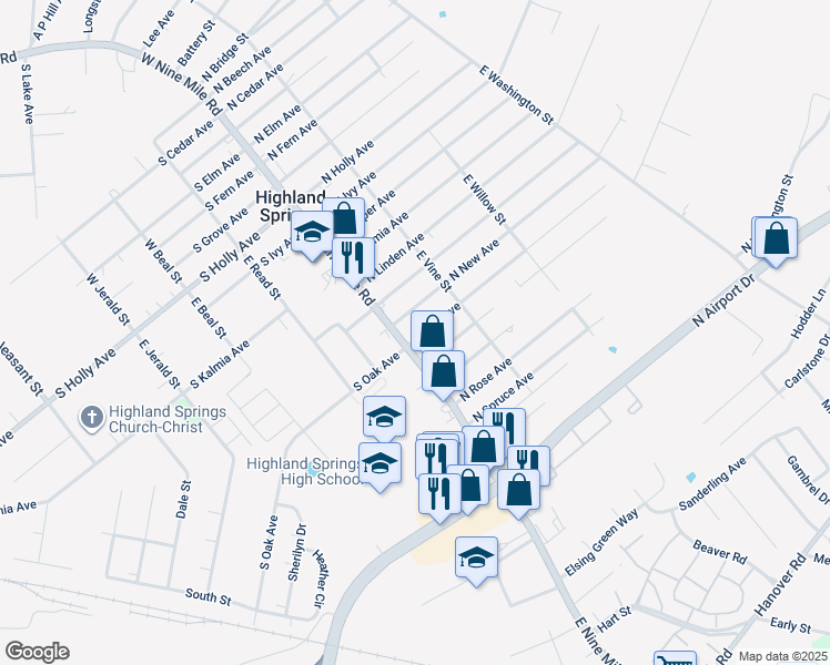 map of restaurants, bars, coffee shops, grocery stores, and more near 2 North Oak Avenue in Highland Springs
