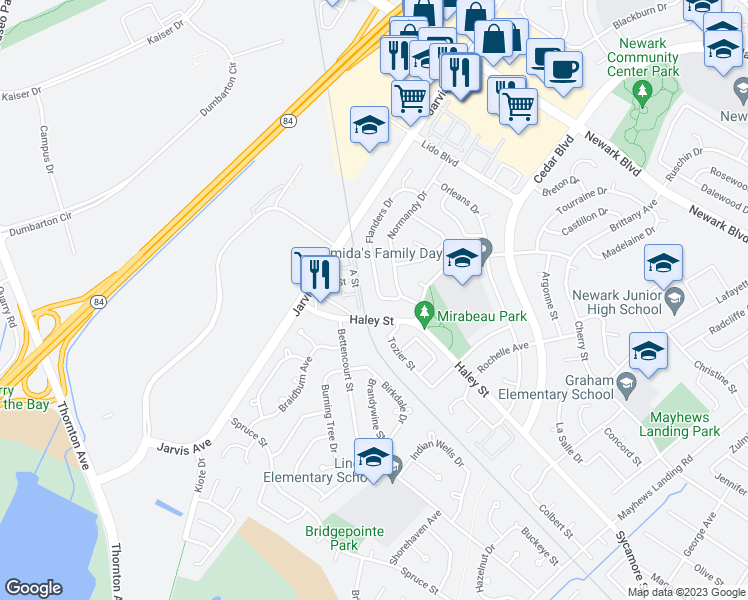 map of restaurants, bars, coffee shops, grocery stores, and more near 6755 Flanders Drive in Newark