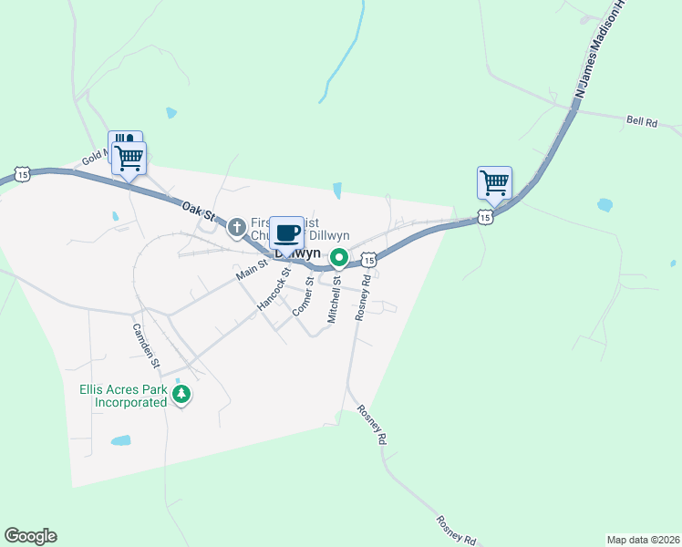 map of restaurants, bars, coffee shops, grocery stores, and more near 1140 Main Street in Dillwyn