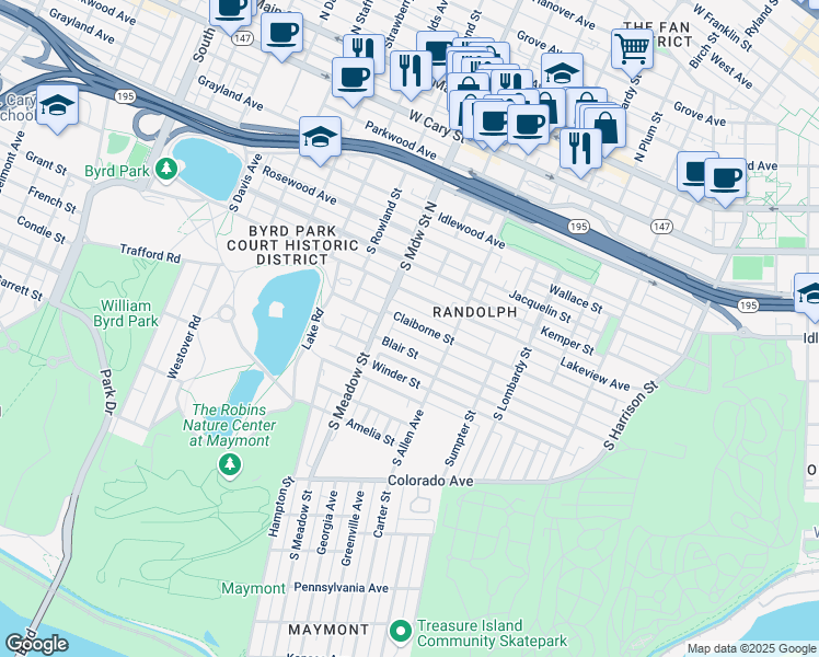 map of restaurants, bars, coffee shops, grocery stores, and more near 1903 Claiborne Street in Richmond