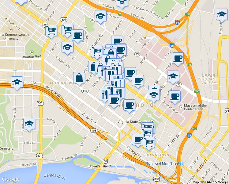 map of restaurants, bars, coffee shops, grocery stores, and more near 409 E Grace St in Richmond