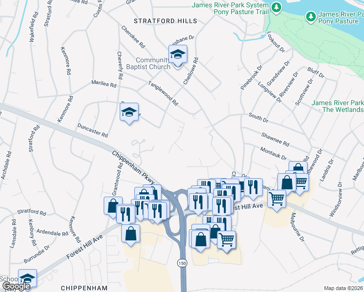 map of restaurants, bars, coffee shops, grocery stores, and more near 7370 Prairie Road in Richmond
