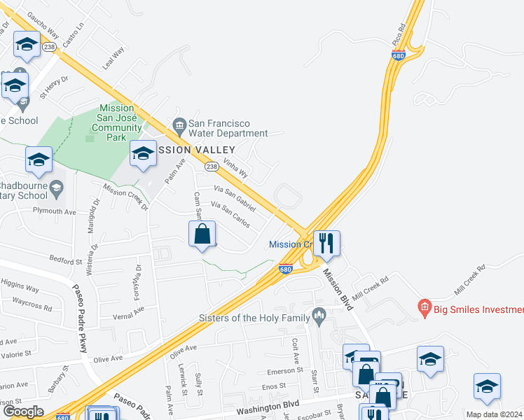map of restaurants, bars, coffee shops, grocery stores, and more near 42062 Via San Gabriel in Fremont