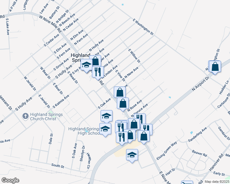map of restaurants, bars, coffee shops, grocery stores, and more near 2 North Oak Avenue in Highland Springs