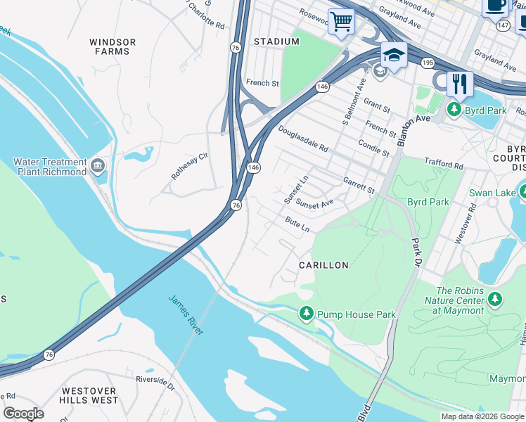 map of restaurants, bars, coffee shops, grocery stores, and more near 3209 Bute Lane in Richmond