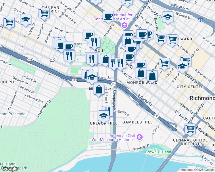 map of restaurants, bars, coffee shops, grocery stores, and more near 227 South Pine Street in Richmond