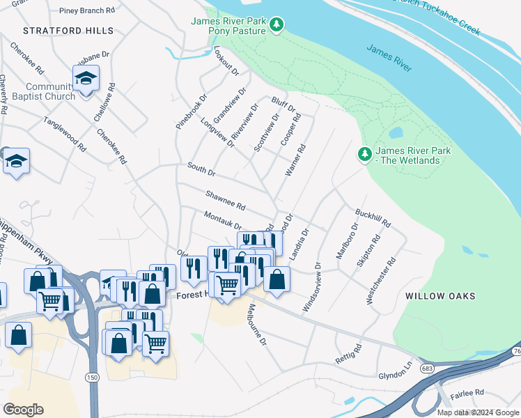 map of restaurants, bars, coffee shops, grocery stores, and more near 6824 Shawnee Road in Richmond
