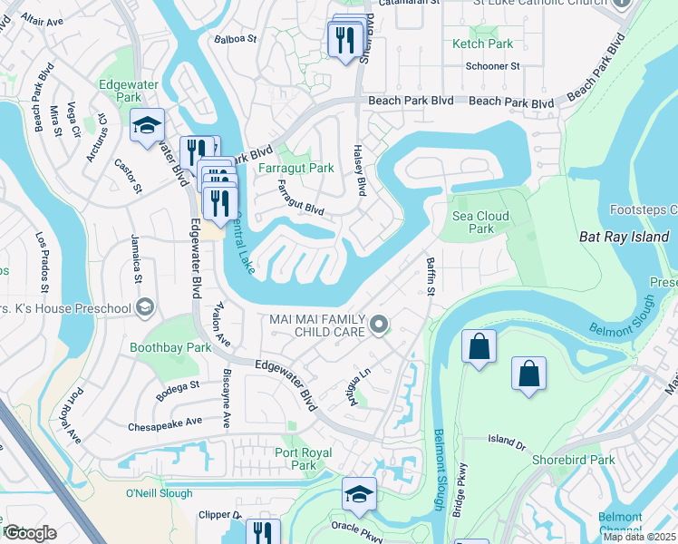 map of restaurants, bars, coffee shops, grocery stores, and more near 615 Gloucester Lane in Foster City