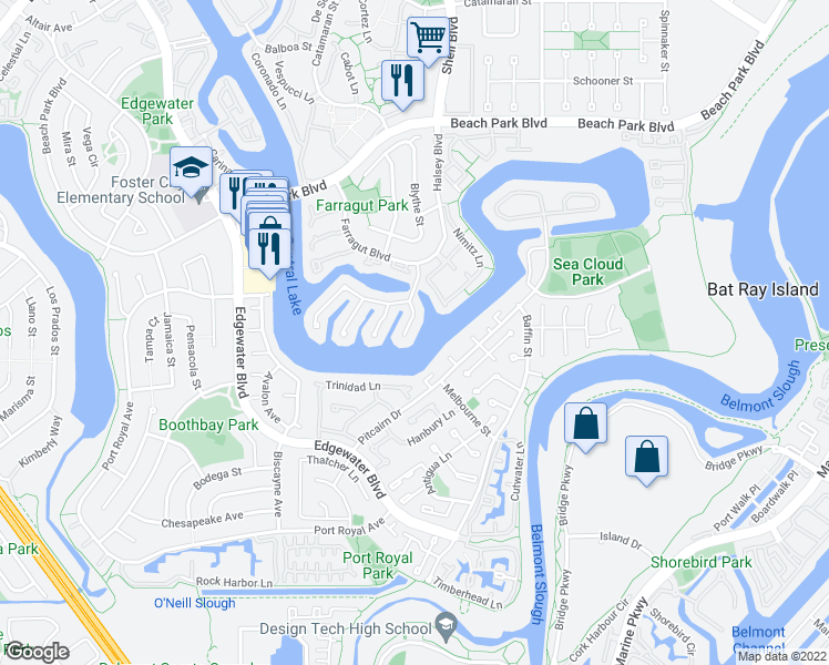 map of restaurants, bars, coffee shops, grocery stores, and more near 615 Gloucester Lane in Foster City