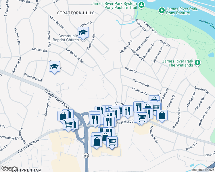 map of restaurants, bars, coffee shops, grocery stores, and more near 7213 Cherokee Road in Richmond