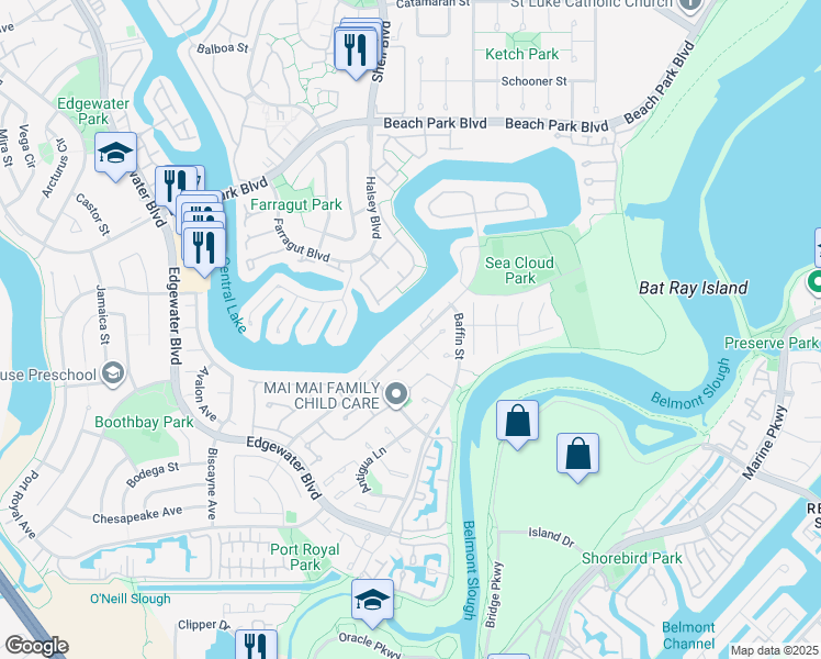 map of restaurants, bars, coffee shops, grocery stores, and more near 604 San Nicholas Lane in Foster City