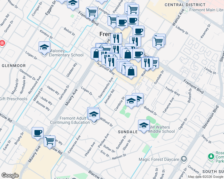 map of restaurants, bars, coffee shops, grocery stores, and more near 4402 Sacramento Avenue in Fremont