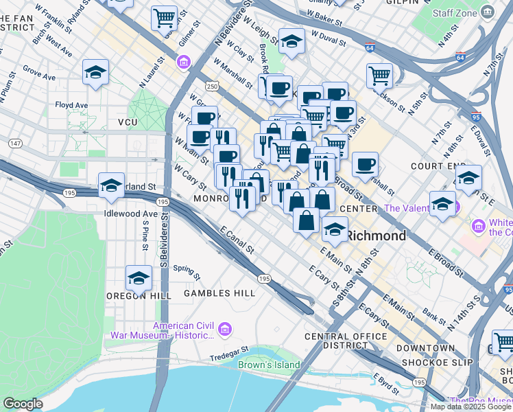 map of restaurants, bars, coffee shops, grocery stores, and more near 3 South 1st Street in Richmond