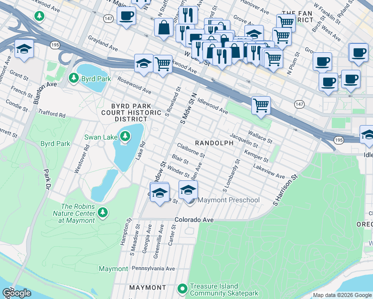 map of restaurants, bars, coffee shops, grocery stores, and more near 1922 Blair Street in Richmond