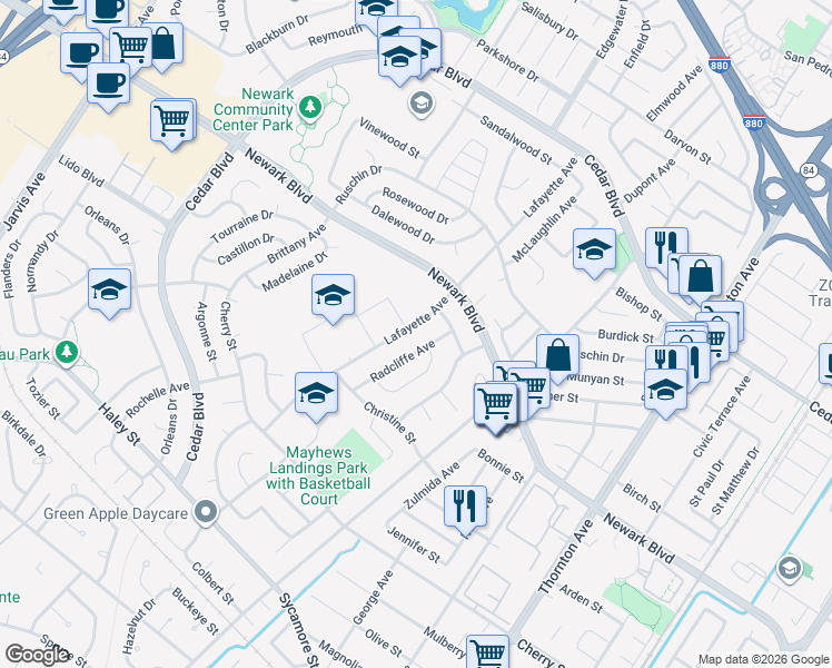 map of restaurants, bars, coffee shops, grocery stores, and more near 6067 Radcliffe Avenue in Newark