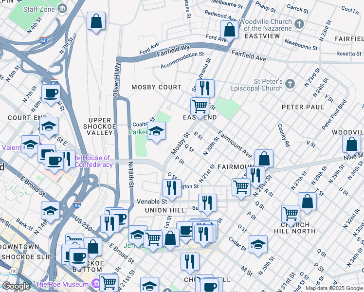 map of restaurants, bars, coffee shops, grocery stores, and more near 1019 Mosby Street in Richmond