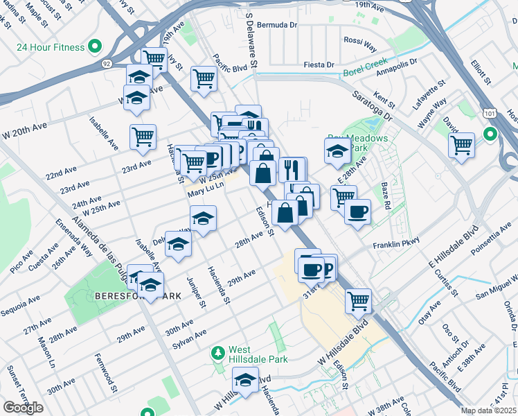 map of restaurants, bars, coffee shops, grocery stores, and more near Edison St & 27th Ave in San Mateo
