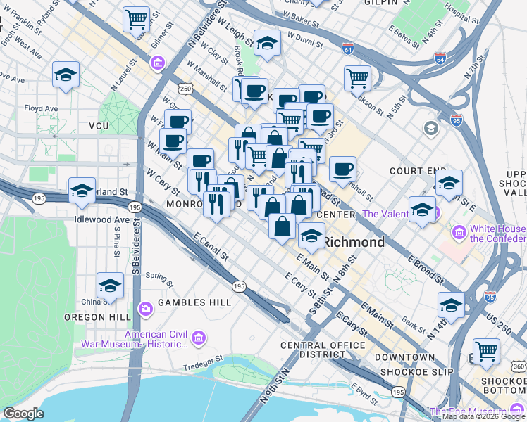 map of restaurants, bars, coffee shops, grocery stores, and more near 211 East Franklin Street in Richmond
