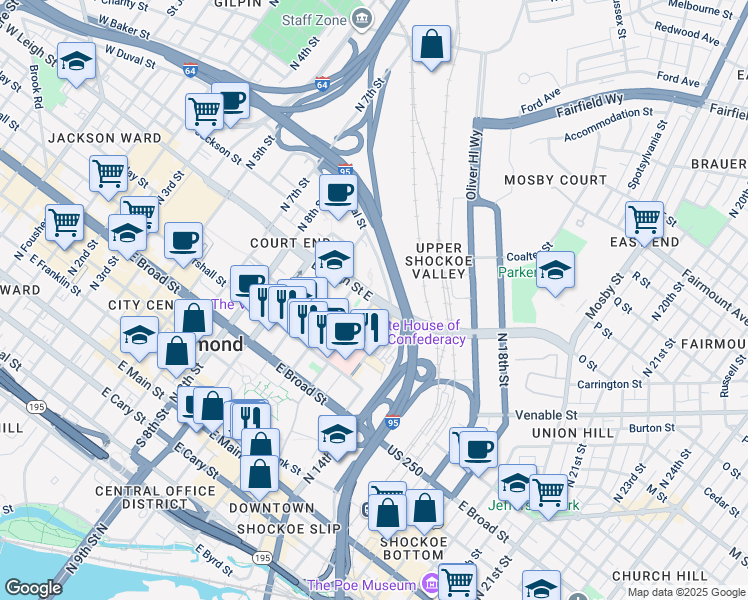 map of restaurants, bars, coffee shops, grocery stores, and more near 1301 East Leigh Street in Richmond
