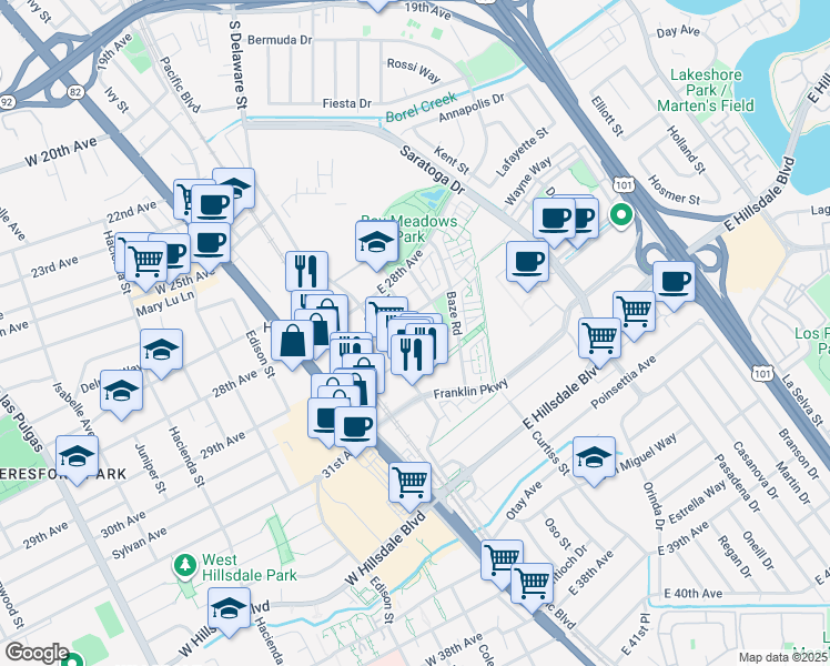 map of restaurants, bars, coffee shops, grocery stores, and more near 3068 East Kyne Street in San Mateo