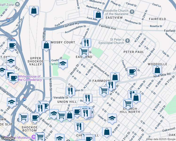 map of restaurants, bars, coffee shops, grocery stores, and more near 1120 North 20th Street in Richmond