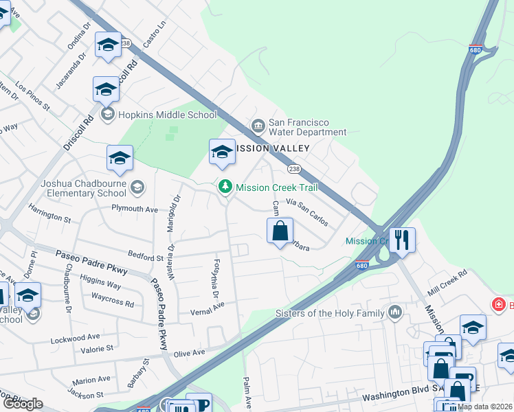 map of restaurants, bars, coffee shops, grocery stores, and more near 41846 Via San Miguel in Fremont