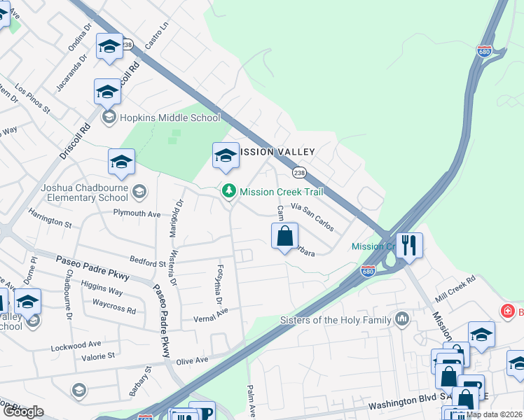 map of restaurants, bars, coffee shops, grocery stores, and more near 41846 Via San Miguel in Fremont